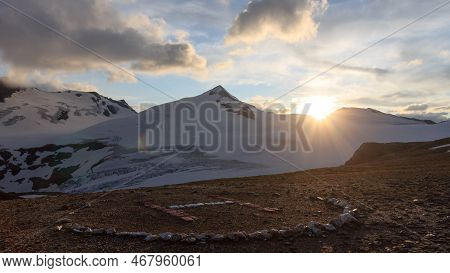 Mountain Snow Panorama, Summit Johannisberg (high Tauern) And Helicopter Landing Site During Sunset 