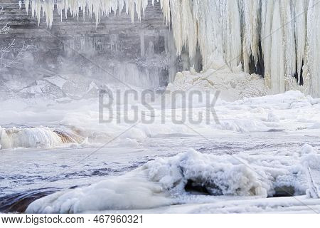 Frozen Small Mountain Waterfall Close Up. Frozen Jagala Falls, Estonia
