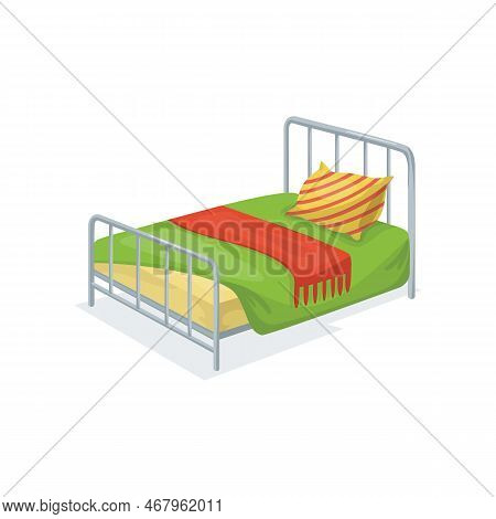 Single Bed With Metal Headboard Cartoon Vector Illustration. Furniture For Sleep With Blankets, Colo
