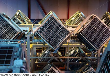 Production Of Cremant Sparkling Wine In Burgundy, France. Automatically Powered Riddling Remuage Box