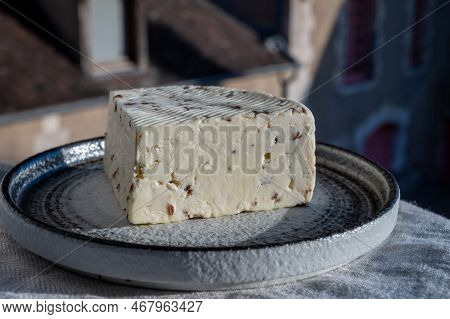 White Sheep Cheese With Aromatic Black Cumin Seeds Served Outdoor