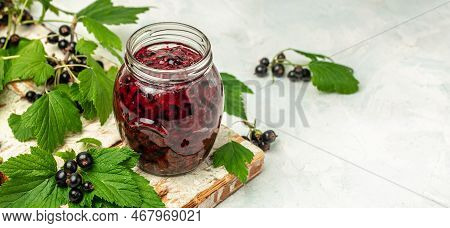 Delicious Black Currant Jam Urd, Custard Or Jam And Fresh Berries, Long Banner Format, Top View.