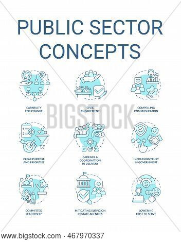 Public Sector Turquoise Concept Icons Set. Governmental Services And Enterprises. Idea Thin Line Col