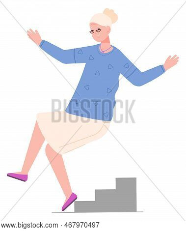 Old Woman Stumble On Stairs. Senior Fall Over Isolated On White Background