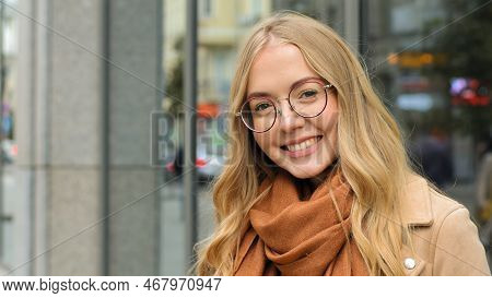 Close Up Female Outdoors Smiling Laughing Caucasian Woman Smile Looking At Camera Girl Blonde Model 