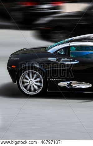 Kiev, Ukraine - June 19, 2021: Spyker C8 Laviolette. Black Luxury Supercar Spyker In Motion