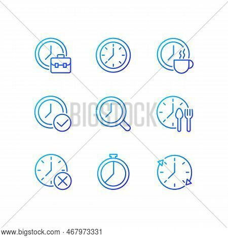 Timekeeping In Daily Life Pixel Perfect Gradient Linear Vector Icons Set. Manage Time At Workplace. 