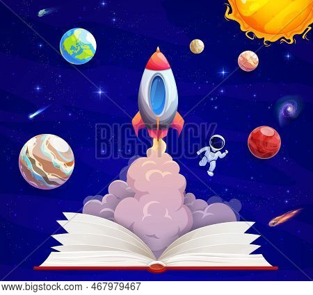 School Book With Rocket Launch And Space Landscape. Knowledge And Imagination Concept, College Educa