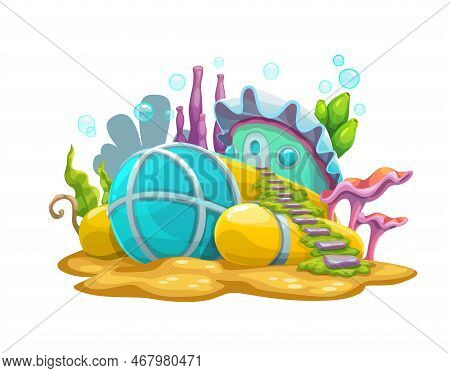 Underwater Cartoon Sunken Bathyscaphe House Building. Vector Fantasy Submarine Dwelling, Fairy Tale 