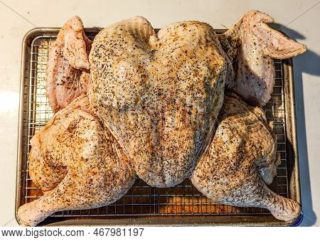Spatchcocked Turkey Prepared For Smoking For Thanksgiving Dinner
