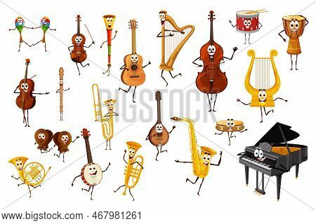 Cartoon Musical Instrument Characters And Personages. Vector Maracas, Violin, Guitar And Vuvuzela, H