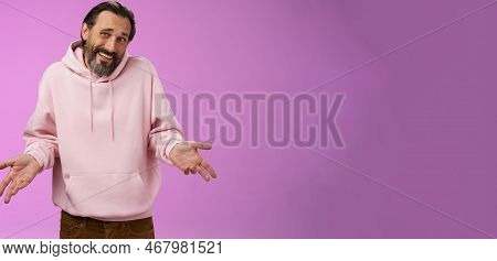 Portrait Doubtful Unsure Awkward Mature Man Shrugging Spread Hands Sideways Clueless Cringing Frowni