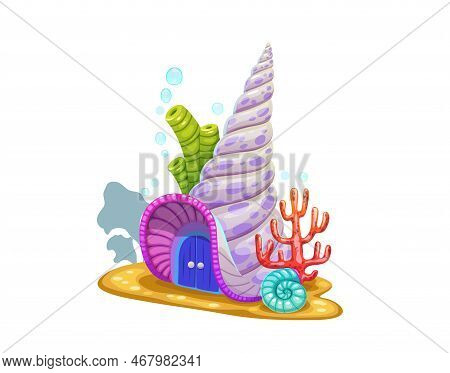 Underwater Cartoon Sea Shell House Building. Fairy Home Marine Landscape Or Scene, Fantasy Creature 