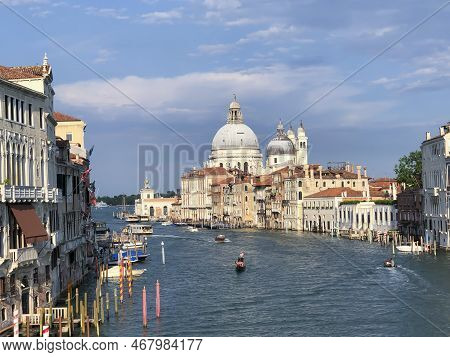 Venice, Italy - July 1, 2021: View To Canale Grande From Bridge Academia In Afternoon Sun In Venice,