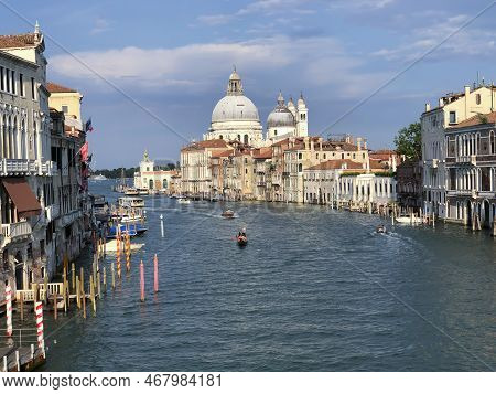 Venice, Italy - July 1, 2021: View To Canale Grande From Bridge Academia In Afternoon Sun In Venice,