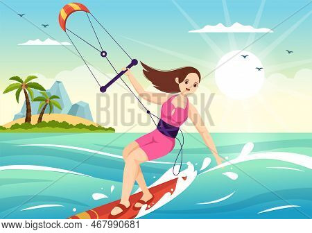 Kitesurfing Illustration With Kite Surfer Standing On Kiteboard In The Summer Sea In Extreme Water S