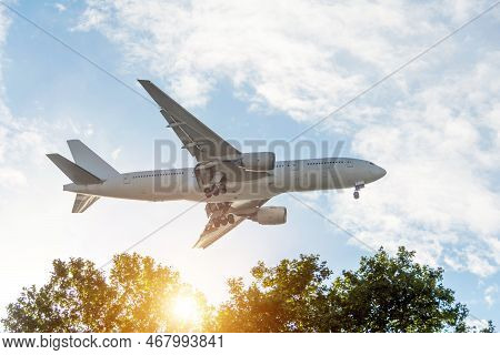 Big Airplane Flying Lamding Gear Over The Trees At During Sunset, Side View