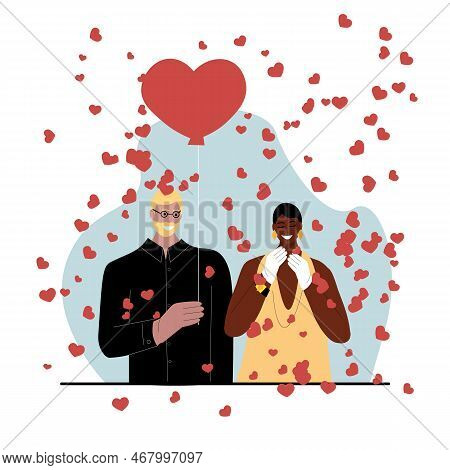 Vector Illustration For Valentines Day. A Lightskinned Man Gives A Darkskinned Woman Ball In The Sha