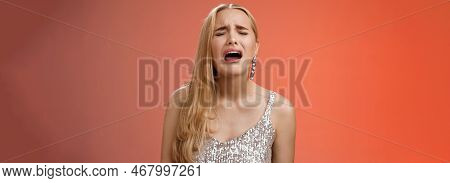 Immature Whining Spoiled Adult Rich Daughter Blond Long Hair In Silver Stylish Dress Complaining Sad