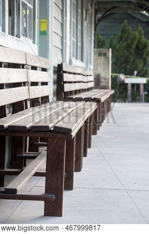 Wooden Bench At The Waiting Area For North Gate Station, Taiwan