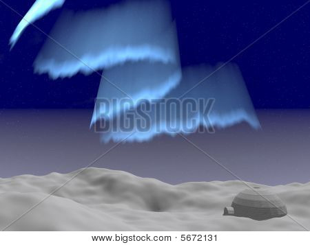 Small igloo in the snow under the Aurora Borealis