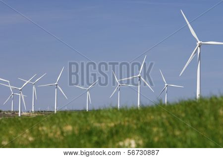 Grupo de molinos de viento que se avecina en un prado verde