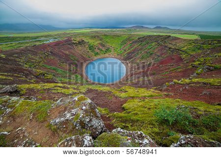 Lake in round volcano crater