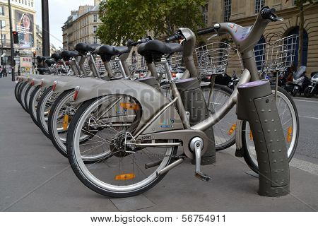 Some bicycles of the Velib bike rental service in Paris, France