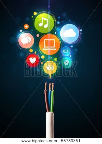 Glowing social media icons coming out of electric cable