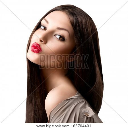 Beauty fashion girl portrait. Beauty brunette model. Beauty Woman Portrait. Beautiful Girl looking at camera. Long Healthy and Shiny Smooth Brown Hair. White background. Beautiful make up. Emotion