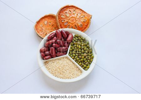 Bael Fruit,red Beans,chickpea,sesame On A White Background