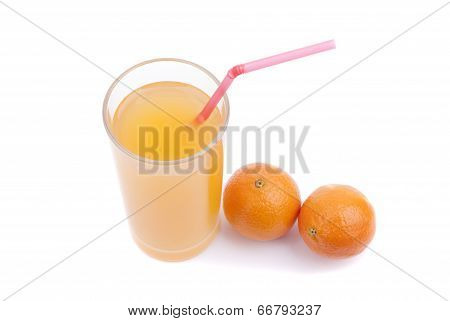 Oranges And Juice On A White Background.