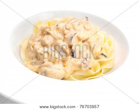 Pasta food with shrimps, herbs and mashrooms isolated on white background in studio