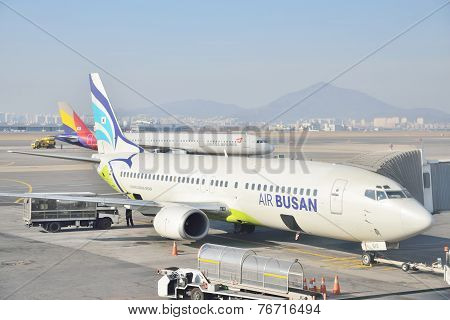 Gimpo, Korea - January 19, 2014: Airplane Of Air Busan At Gimpo Airport In Korea