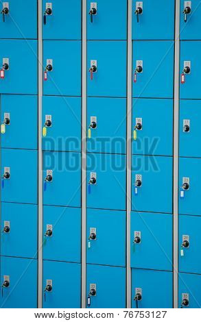 Closeup Blue Deposite Boxes With Keys. Left Luggage