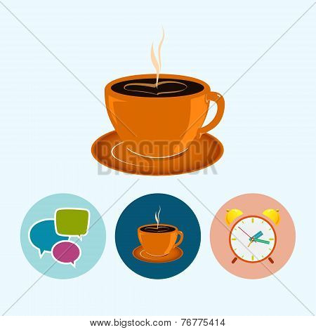 Set Icons With   Speech Bubble , Cup Of Tea ,alarm Clock, Cup Of Coffee, Vector Illustration