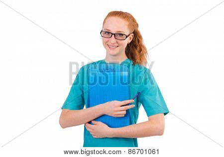 Careful nurse isolated on white
