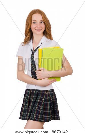 Young student female with textbooks isolated on white