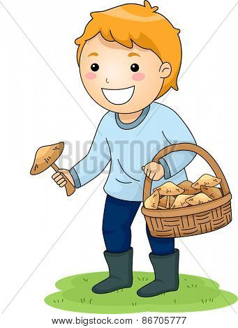 Illustration of a Little Boy Picking Mushrooms