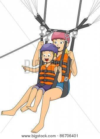 Illustration of a Boy Parasailing with His Mother