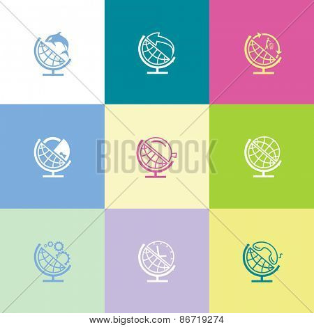 School globe set. Flat color raster icons.