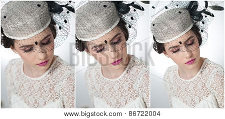 Hairstyle and make up - beautiful young girl art portrait. Cute brunette with white cap and veil