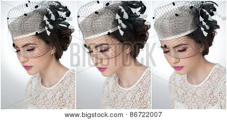Hairstyle and make up - beautiful young girl art portrait. Cute brunette with white cap and veil