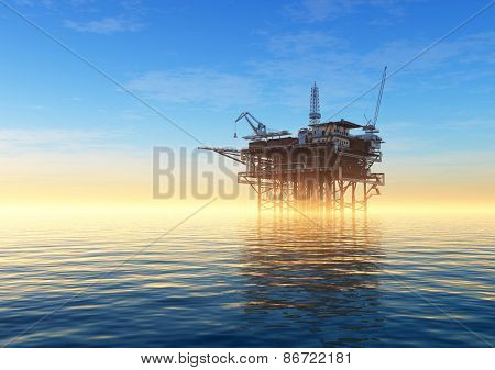 Oil production into the sea in the fog.