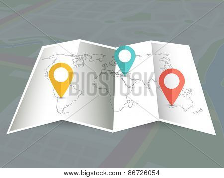 Creative world map navigation with colorful paper pointers.