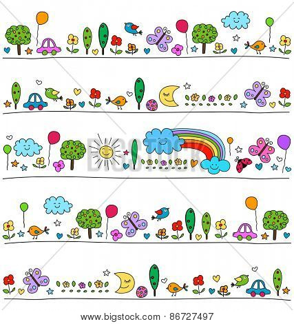 colorful pattern for children with cute nature elements, child like drawing style