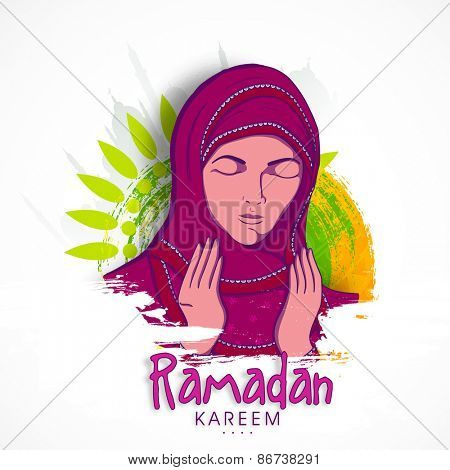 Religious, Muslim young women reading Namaz (Namaz, Muslim Prayer) on beautiful floral decorated background for Islamic holy month of prayers, Ramadan Kareem.