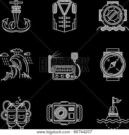 White line vector icons for marine equipment