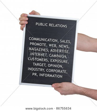 Public Relations Concept In Plastic Letters On Very Old Menu Board
