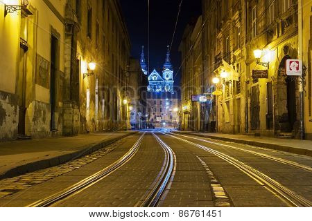Tram In The Old Town In Lviv, Ukraine.